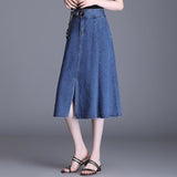 Women Solid Long Denim Vintage High Waist Streetwear Korean All-match Midi A-line Jeans Skirt