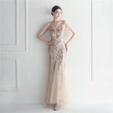 Women Gold Sequin Strap Beading Party Maxi Dress Sexy V Neck Evening Long Prom Dress