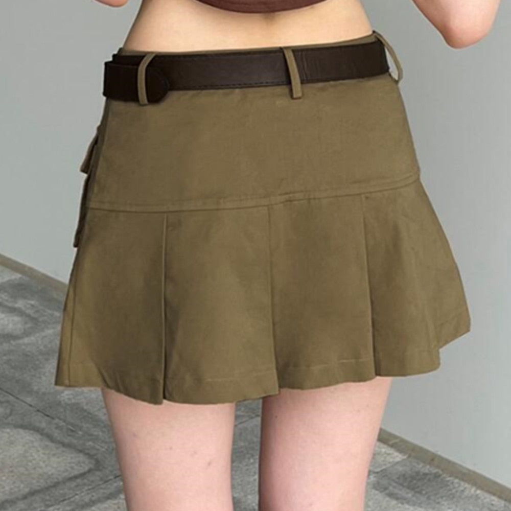 Harajuku Vintage Cargo Mini Skirt Y2K Streetwear Low Waist Micro Skirts 2000s Retro Sexy Denim Pleated Skirt Short Bottoms