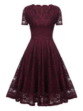 V-Neck High Waist Lace Elegant Party Vintage Midi Dress Short Sleeve Summer Style Pleated Swing Dress