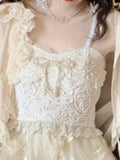 Summer Lace Floral Sweet Women Embroidery Bow Kawaii Top Korean Coat Midi Skirt
