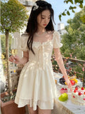 Summer Chiffon Bow Ruched Princess Mini French Puff Sleeve Party Retro Slim Fit Temperament Dress