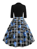 Plaid and Floral Print Patchwork Vintage Cotton Dresses Women Square Neck Rockabilly Pinup Long Dress