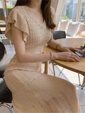 Women Summer Elegant Hollow Out Knitted Office Lady Casual Midi Dress