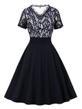 V Neck Short Sleeve Floral Lace Women Elegant Patchwork Navy Blue A-Line Vintage Summer Knee-Length Dress