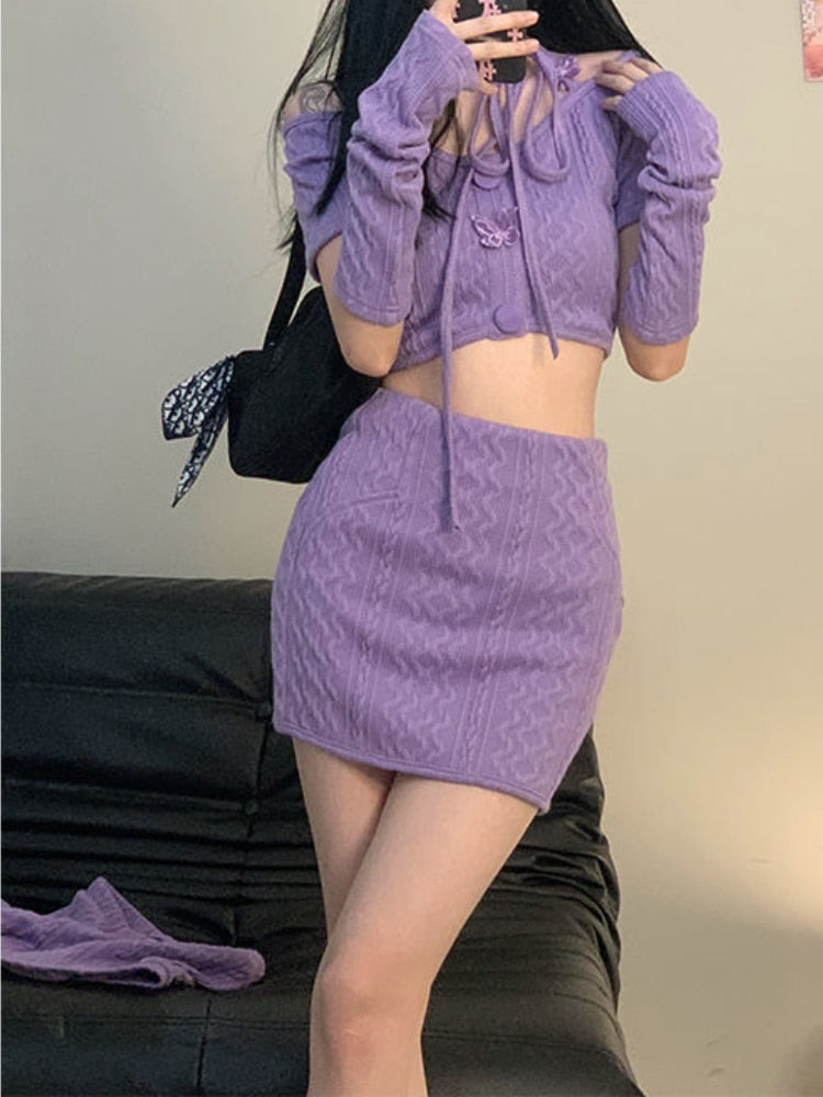2pcs/set Summer Purple Women Sexy Patchwork Knitted Sweater Set Korean Kawaii Crop Top+mini Skirt