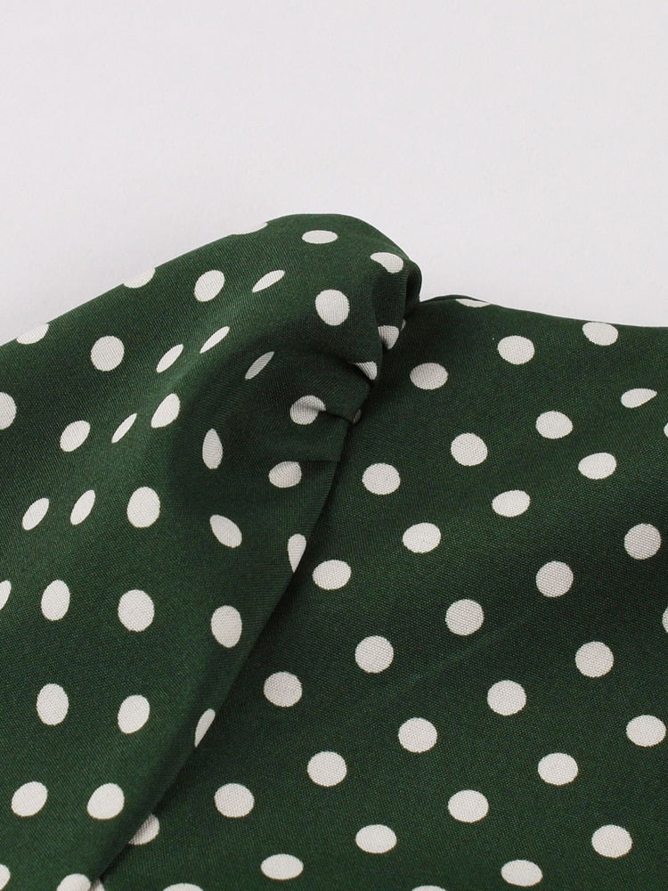 Bow Tie Neck Button Front Polka Dot Pinup 50s Vintage Shirt Dresses Women A-Line Summer Elegant Green Dress