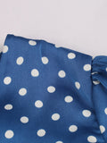 Women Blue Vintage Button Up Shirt V-Neck Short Sleeve Polka Dot Tops Summer Retro Style Slim Shirts