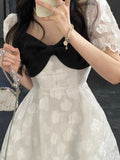 Summer Bow Floral Fairy Chiffon Puff Sleeve Fluffy Sweet Mini Korean Slim Fit Party Dress