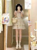 Elegant Sweet White Korean Mini Princess Summer Retro Square Collar Cascading Ruffles Puff Sleeve Fluffy Dress