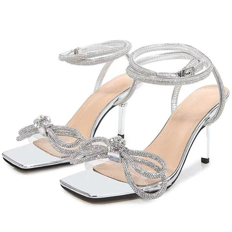 Summer High Heels Crystal Sandals Bowknot Ankle Warp Party Wedding Shoes Woman Stiletto Heel Sandal