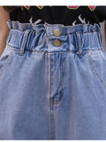 Women High Waisted Straight Nine-point Jeans Fringed Blue Loose Denim Trousers Elastic Waist Wide Leg Pants