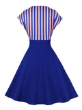 Blue Striped Patchwork High Waist A Line Summer Dress for Women V-Neck Single Breasted Vintage Dresses