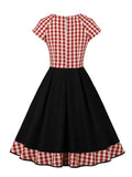 Plaid and Black Patchwork Vintage Pleated Dresses Women Button Front Short Sleeve Summer Gingham Rockabilly Dress
