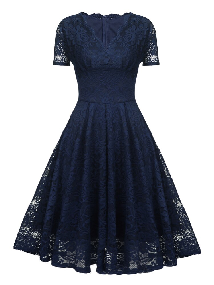 V-Neck High Waist Lace Elegant Party Vintage Midi Dress Short Sleeve Summer Style Pleated Swing Dress