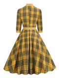 Elegant Clothes Plaid Vintage Pocket Midi Swing Dress for Women Bow Neck 3/4 Length Sleeve Spring Dresses