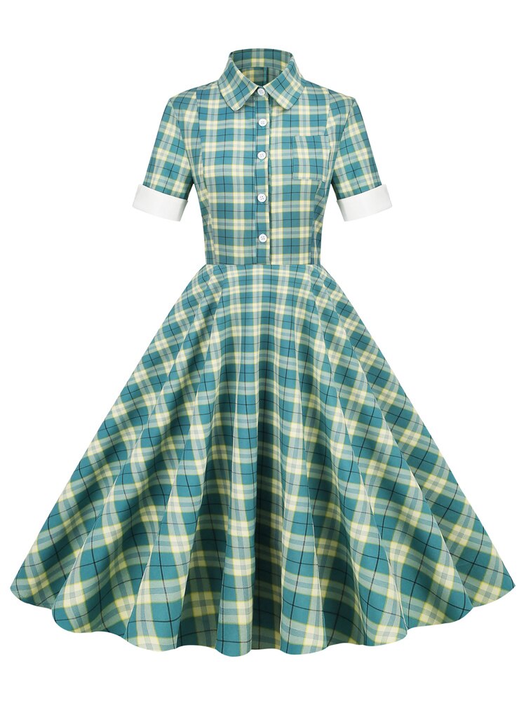 Turn-Down Collar Button Up Summer Shirt Dress Short Sleeve Women Green Plaid Vintage A-Line Midi Swing Dress