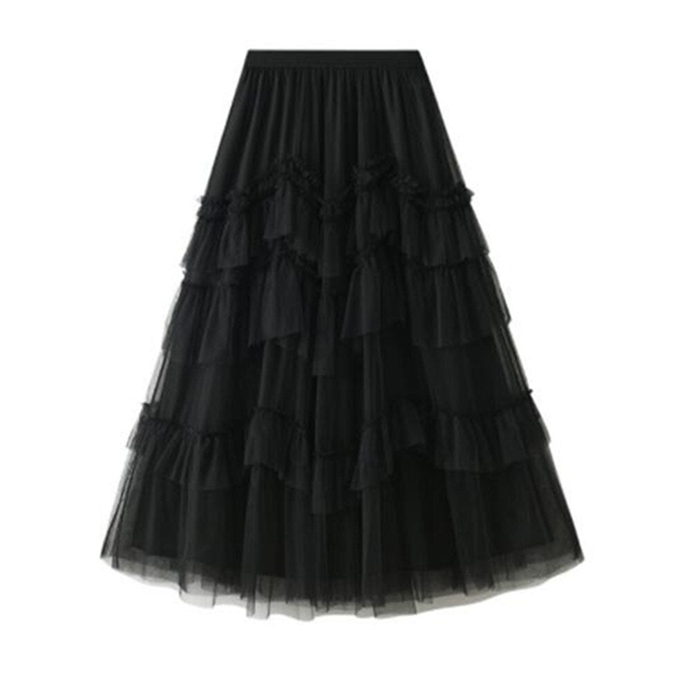 Women Asymmetrical Tulle Long Black Ruffle Layered Vintage High Waist Puffy Pleated Maxi Skirt