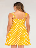 Women Oversize 4XL Vintage Dress Summer Outfits Shirred Back Polka Dot Print Backless Midi Dresses in Yellow