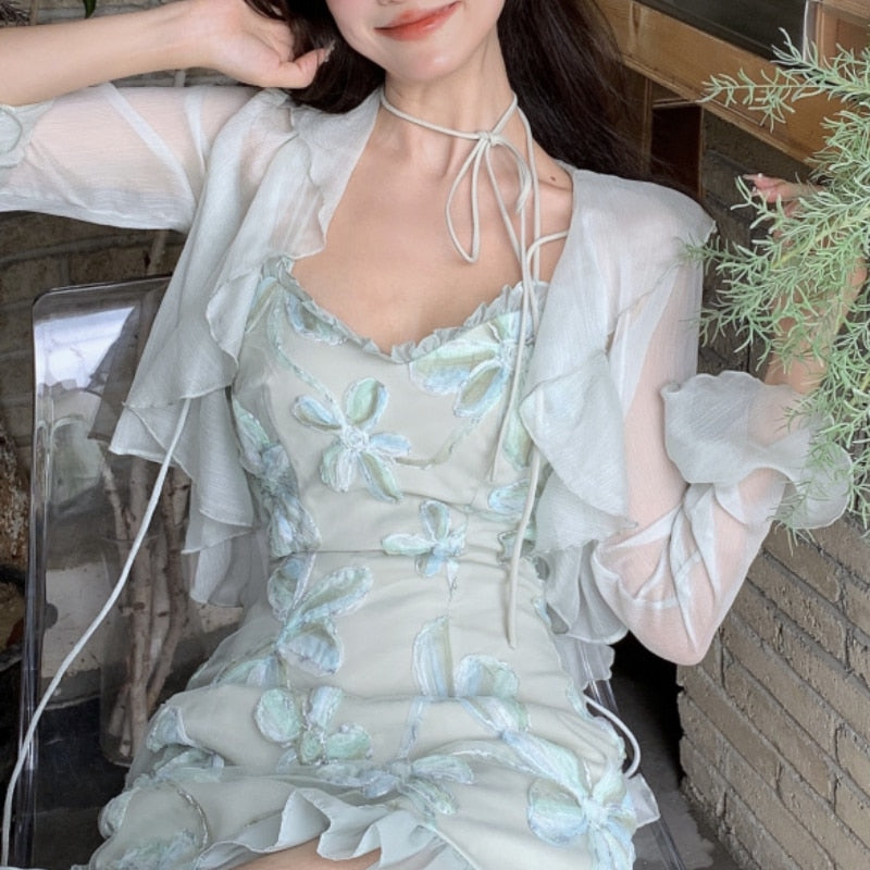 Summer Fairy Floral Sweet Korean Bandage Strap Sexy Party Mini Elegant Dress