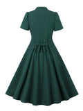 Sexy Ruched V-Neck High Waist Single Breasted Evening Party Dresses for Women Green Tie Back Vintage Swing Dress