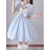 Elegant Puff Sleeve Women Summer A-line Blue Kawaii Japanese Lolita Dress