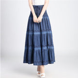 Summer High Waist Long Solid Party Floor-Length Jean Women Denim Pleated Maxi Skirts