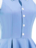 Light Blue Women Turn-Down Collar Button Up Vintage Style Midi Dress Sleeveless Elegant Ladies Pocket Swing Dresses