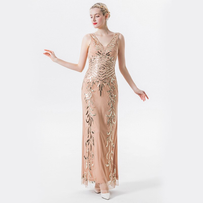 Women V-neck Tulle Embroider Elegant Mermaid Vintage 1920s Party Dress Great Gatsby Sequin Floor length Dress