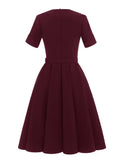 Square Neck Short Sleeve Solid Plain Vintage Pleated Dress Summer Elegant Women Belted Midi Length Retro Clothes