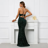 Blue Sequin Backless Sexy Slit Long Party Evening Dresses Luxury V Neck Velvet Stretch Sleeveless Cocktail Prom Dress