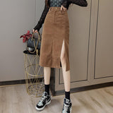 Women Casual Spring Korean Style Vintage Corduroy All-match Ladies Elegant High Waist Pencil Skirt