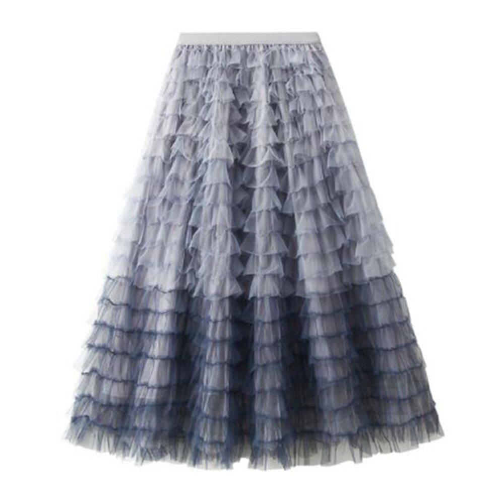 Women Asymmetrical Tulle Long Black Ruffle Layered Vintage High Waist Puffy Pleated Maxi Skirt