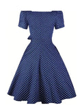 3XL 4XL Vintage Dresses for Women Square Neck Puff Sleeve Belted Polka Dot Print Blue Elegant 50s Pinup Midi Dress