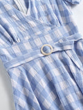 White and Blue Plaid V-Neck Short Sleeve Women Summer Elegant Dress Vintage A-Line High Waist Midi Dresses with Belt