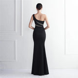 Slash Neck Long Black Women One Shoulder Party Maxi Dress Soft Satin Sexy Slit Evening Dress
