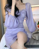 Summer Chiffon Lace Fairy Mini Korean Shirring Skinny Sexy Cut Out Elegant Dress