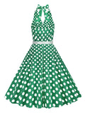 Halter Neck High Waist Belted Vintage Backless 95% Cotton Dress Polka Dot Elegant Night Party Women Sexy Retro Dresses