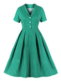 V Neck Button Up Striped Vintage Women Short Sleeve Green Elegant Pocket Side A Line Summer Dress