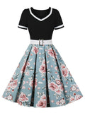 Black and Blue Short Sleeve Rockabilly 50s Floral Dresses Women Vintage Summer Belted Pleated Dress Elegant
