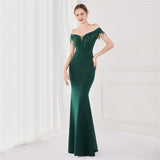 Women Off The Shoulder Elegant Beading Evening Dress Knitting Slim Party Gown New Sleeveless Formal Dress