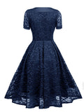 O-Neck Short Sleeve High Waist Vintage Lace Elegant Women Solid Pleated Midi Dresses