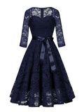 Sweetheart Neck Elegant Lace Long Swing Women 3/4 Length Sleeve Belted Spring Autumn Vintage Midi Dresses