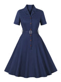 Notched Collar Single Breasted Solid Color Vintage Dress Short Sleeve Belted Formal Elegant Women Cotton Dresses
