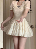 All-match 90's Harajuku Bubble Sleeve Sweet Kawaii Women Bow Lace French Vintage High Waist Mini Dress