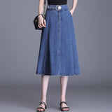 Women Solid Long Denim Vintage High Waist Streetwear Korean All-match Midi A-line Jeans Skirt