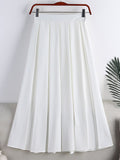 Office Lady Elegant Pleated Skirt Elastic High Waist Solid Casual A Line Midi Skirt