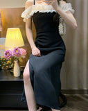 Summer Chiffon Split Elegant Designer Ruffle Flounce Sweet Strap Pleated Chic Slim Fit Midi Dress