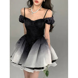 Black Elegant Party Mini Women Princess Bow France Vintage Backless Puff Sleeve Summer Dress