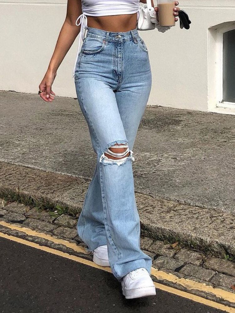 Retro Ripped Flared High Waist Wide Legs Loose Jeans Casual Slim Pants with Pockets